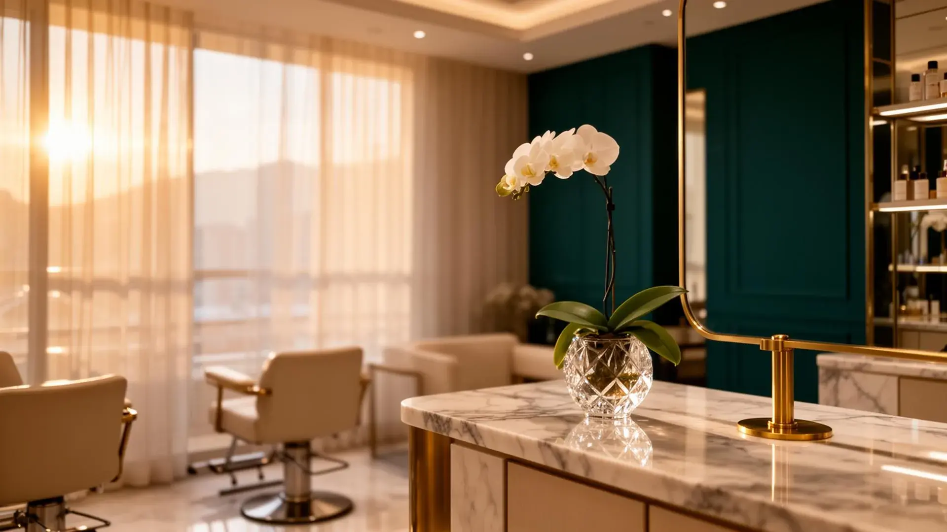 Elegant Hong Kong luxury beauty salon interior at golden hour