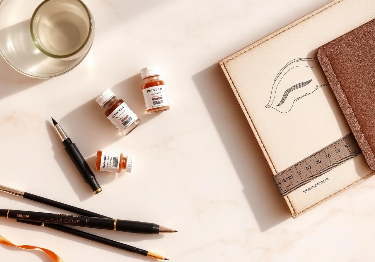 Premium micropigmentation tools, pigments and brow design notebook on marble