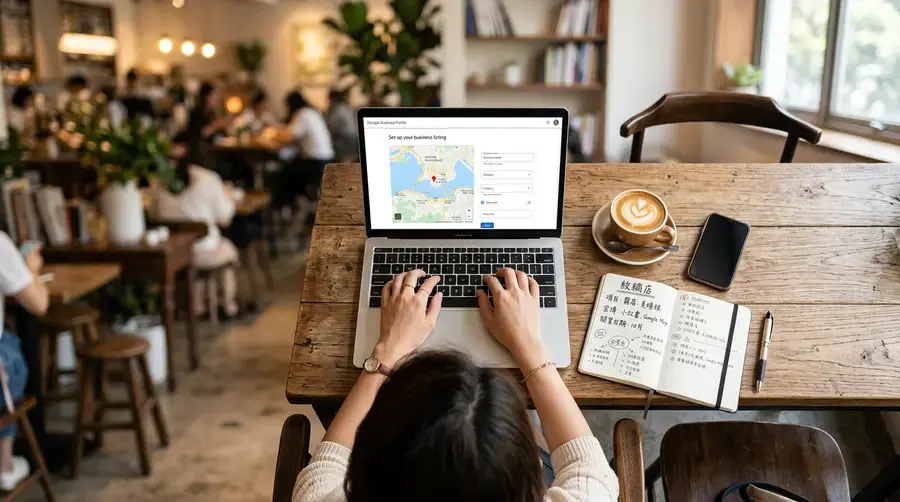 在咖啡店設定 Google Business Profile 的紋繡店主