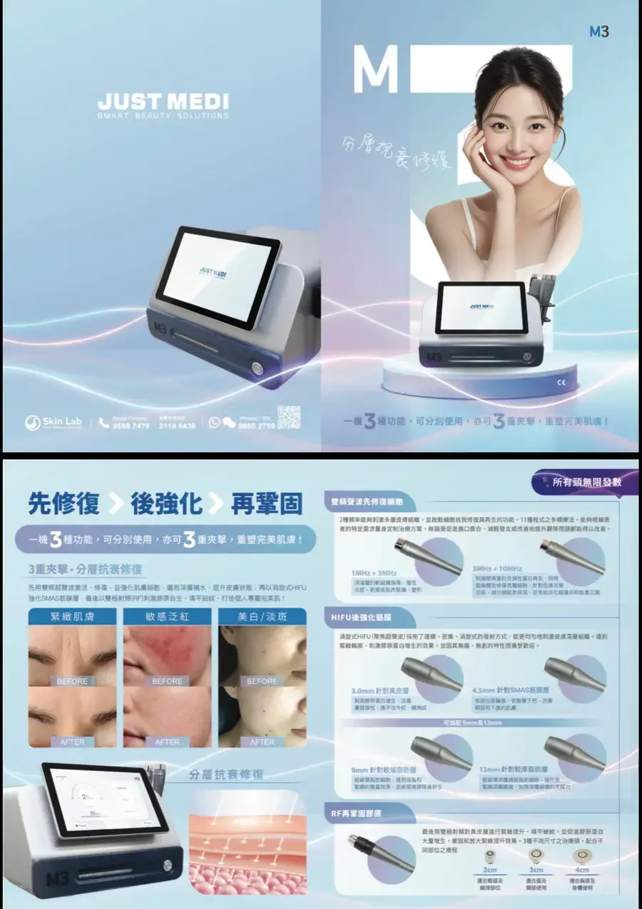 Just Medi M3 三合一功能：雙頻聲波、HIFU、RF — 先修復 → 後強化 → 再鞏固