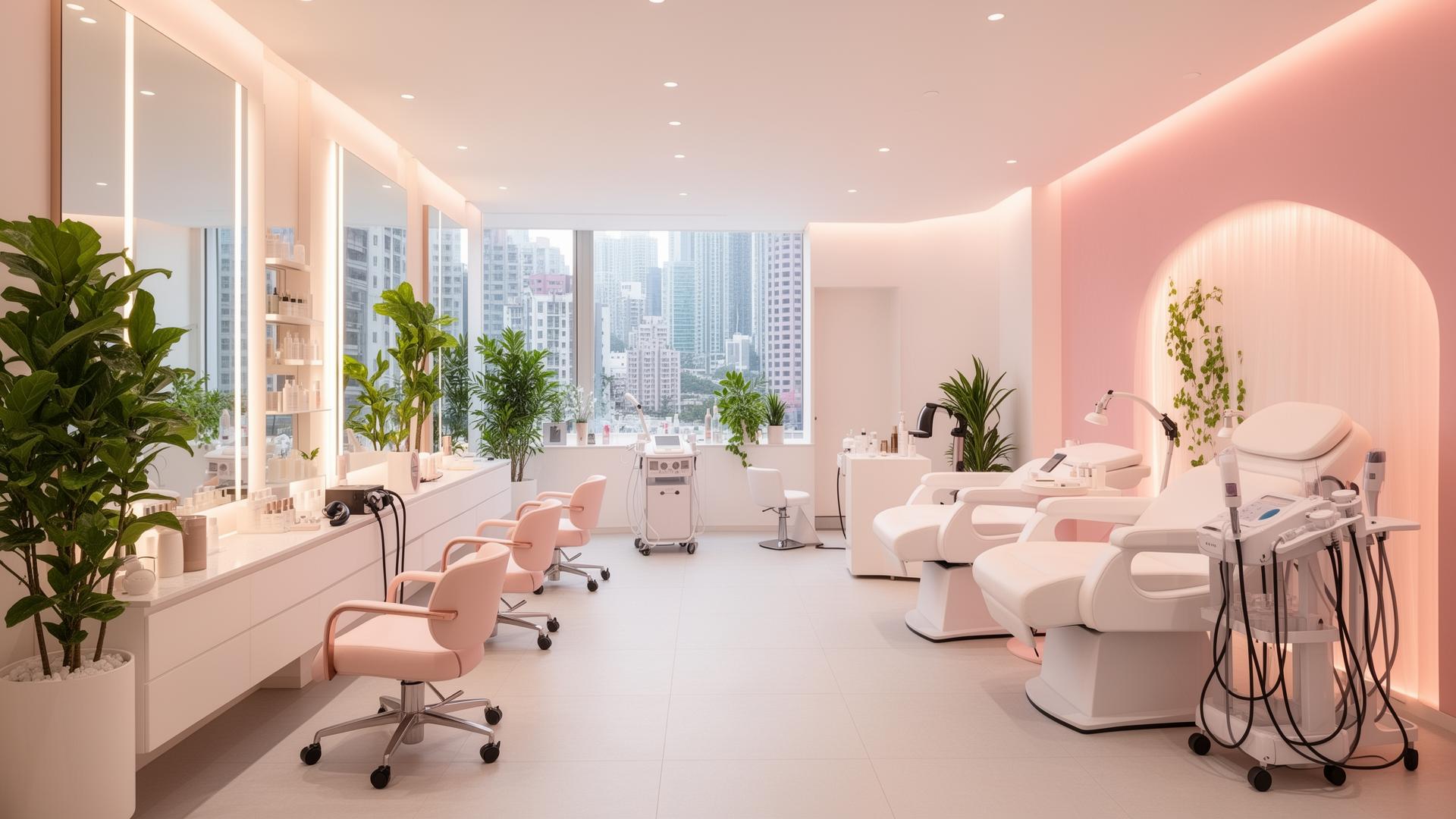 Modern K-beauty salon interior with sustainable design elements in Hong Kong