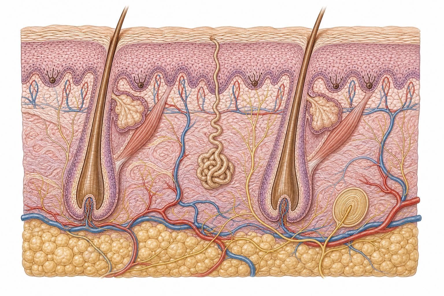Anatomically accurate human skin cross-section showing epidermis, dermis, hypodermis, hair follicles, sweat gland, and blood vessels